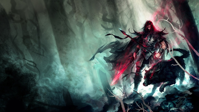 forest, 1080P, hd, warriors, forests, spears, artwork, dark, x, running, wolves, art, swords, nature, wolf