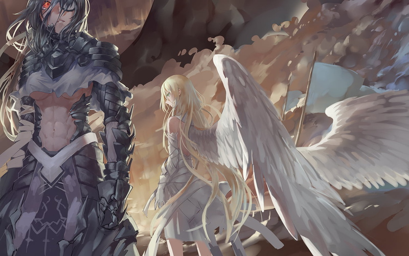 armour, red eyes, underboob, blonde, 720P, anime girls, wings, anime, long hair, fantasy girl