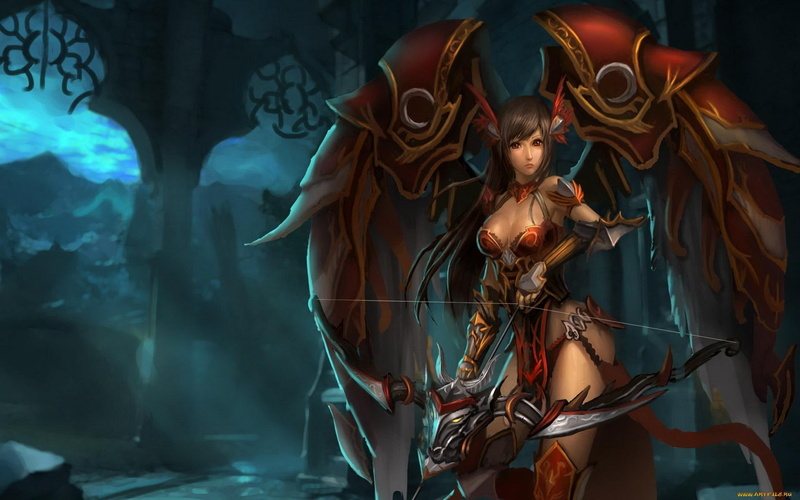 3d and abstract, character, night, brown hair, arrow, dragon, brown eyes, lone, weapon, armour, 1080P, archeress, female, wings, anime