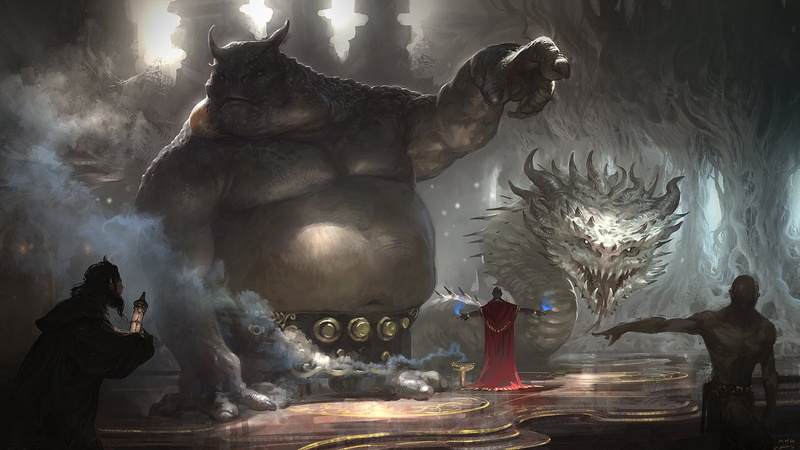 wizard, giant, trolls, fantasy art, snake, 1080P