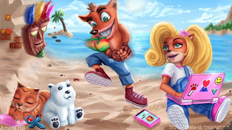 Crash Bandicoot N. Sane Trilogy, Coco Bandicoot, Fan Art, Crash Bandicoot (Character), Beach, Aku Aku (Crash Bandicoot), Sun, Video Game, Polar (Crash Bandicoot)