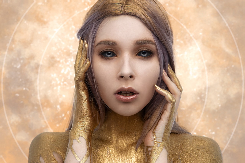 straight hair, dyed hair, bright, 1080P, women, glamour, long hair, Aku, portrait, open mouth, black eyes, glitter, gold