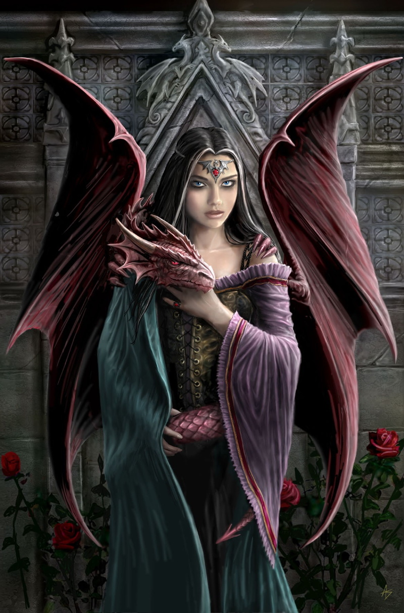 Anne Stokes, fantasy art, dragon, 720P, Gothic, women, wings, fantasy girl, digital art, portrait display, blue eyes, rose