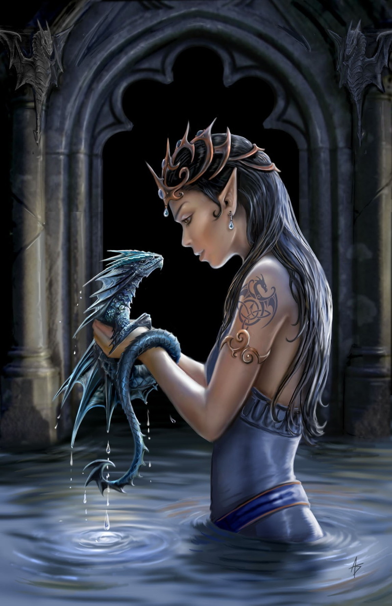 water, digital art, tattoo, fantasy Art, Portrait Display, Gothic, Water Drops, 720P, dragon, women, elves, Anne Stokes