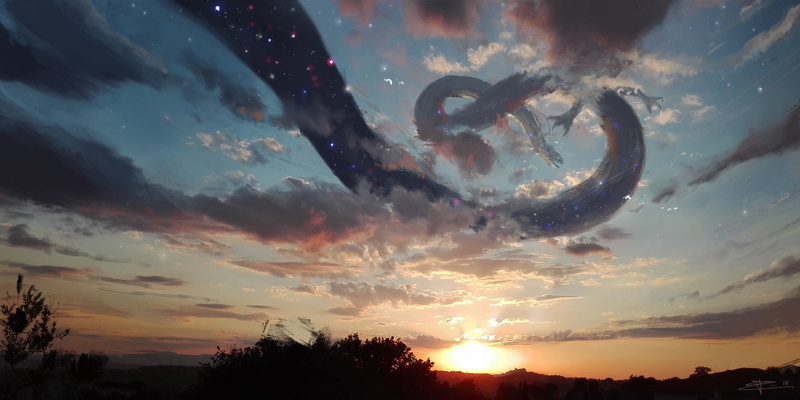 cloud - Sky, mid-air, dusk, summer, beauty in nature, outdoors, stars, silhouette, sunlight, one person, sunrise - Dawn, fantasy art, white, painting, fantasy