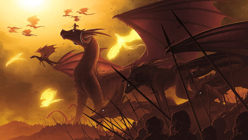 fantasy art, war, flying, soldier, dragon, 1080P, digital art, spear, phoenix, wings