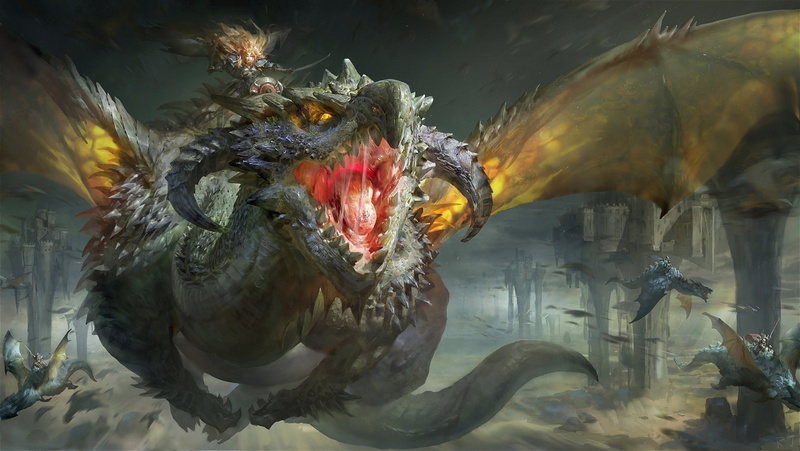 flying, wings, sword, 1080P, dragon, castle, digital art, fantasy art