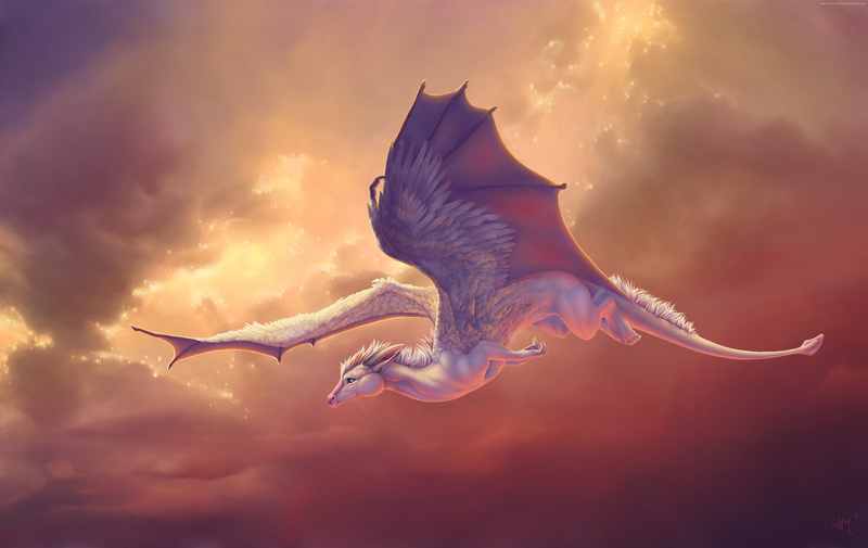 sky, pegasus, clouds, wings, 4k, 4K, creation, art, Dragon
