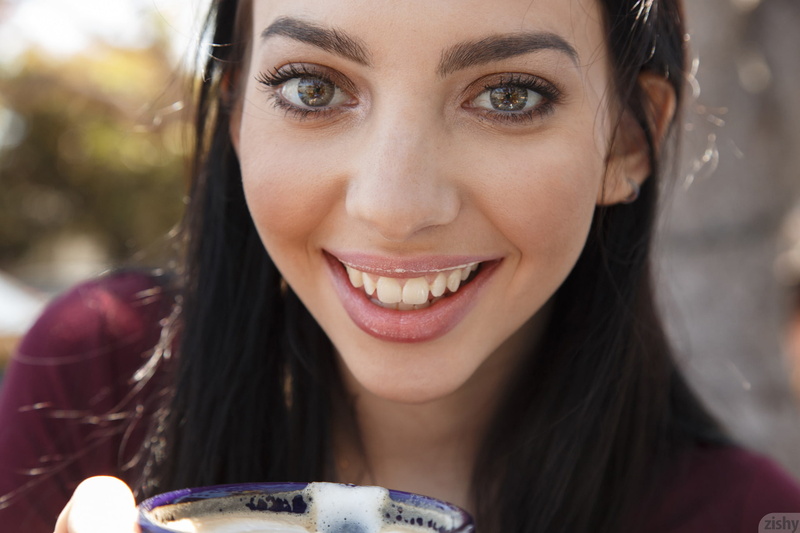 hair, zishy, eyes, beautiful woman, smiling, emotion, coffee, headshot, close-up, young adult, teeth, focus on foreground, leisure activity, long hair