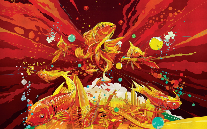 Fish, City, Underwater, Artistic, Animal, Koi Carp, 2K, Colorful