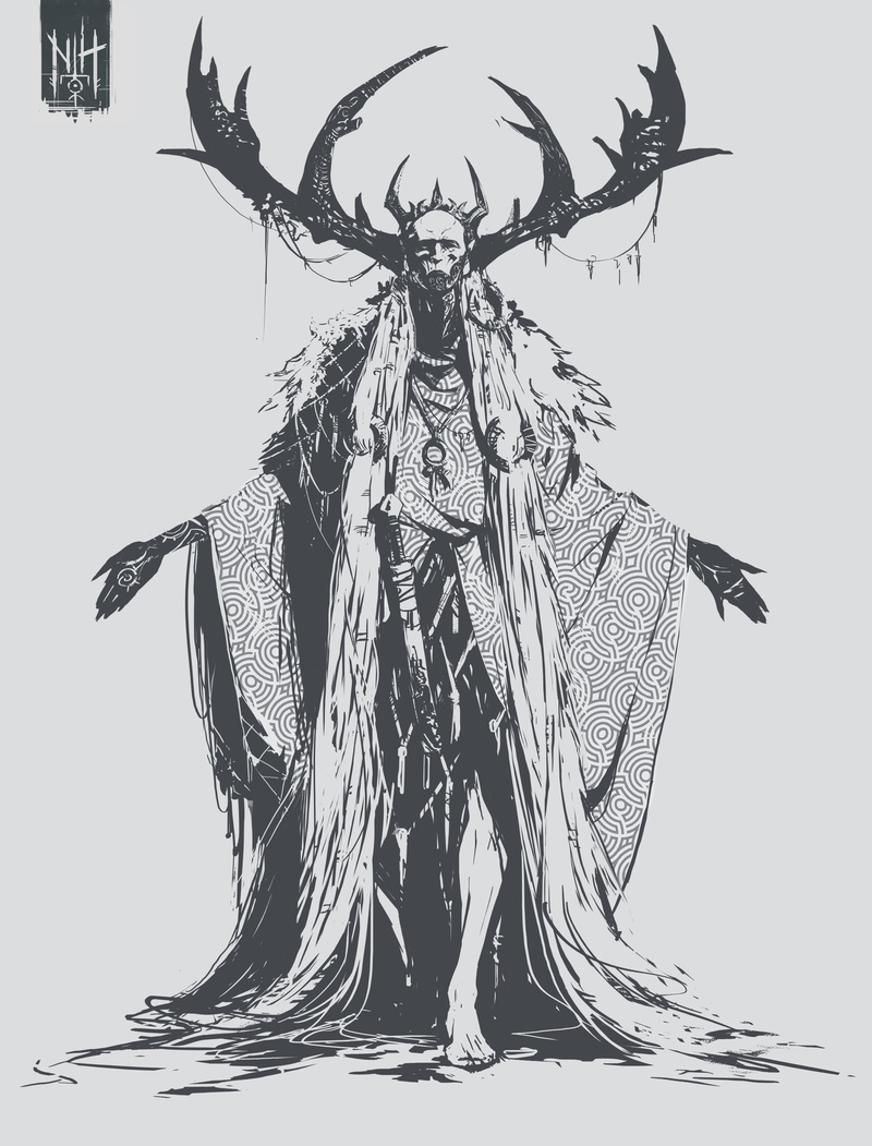 simple background, priest, tattoo, viking, sword, digital, white background, 1080P, Nordic, Valentin Demchenko, antlers, artwork