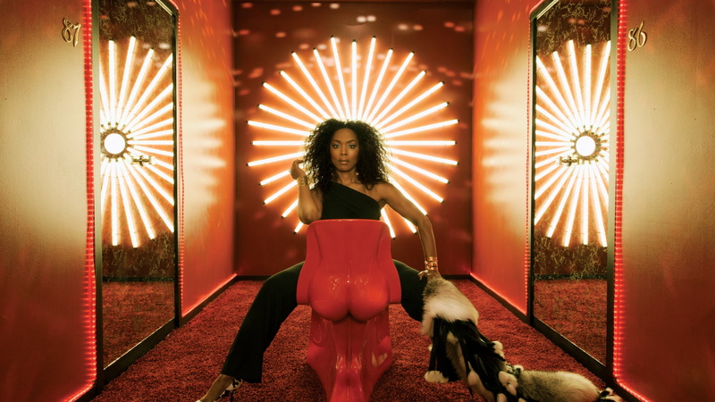 fur, Best TV series, red, chair, season 5, American Horror Story Hotel, holding, woman, 2K, Angela Bassett, coat, sitting