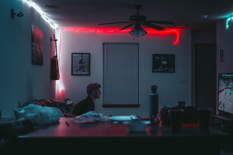 sitting, photograph, Life, illuminated, furniture, blinds, electric lamp, videogame, television, people, table, bedroom, playing, window, red, 8K, lights