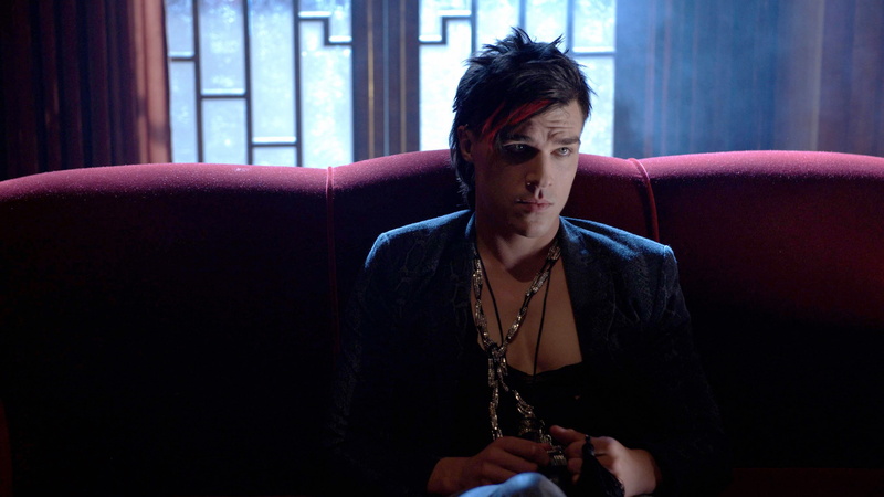 clothes, man, 2K, sofa, Finn Wittrock, black, sitting, season 5, American Horror Story Hotel, red, Best TV series