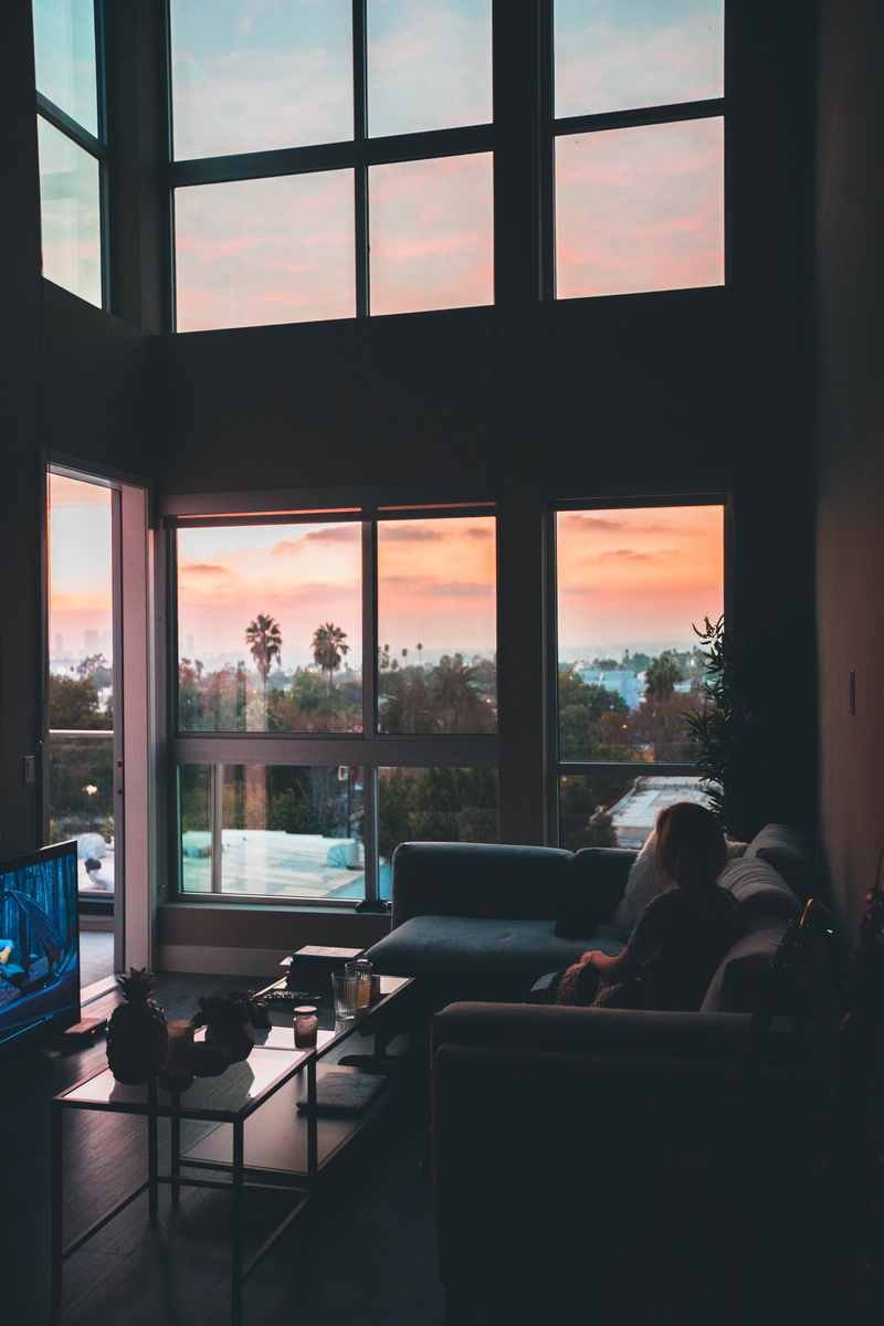 sunrise, 5K, inside, screen, near, real people, walls, glass, sitting, adult, tv, outside, house, woman, coffee, transparent, living, sofa, domestic room