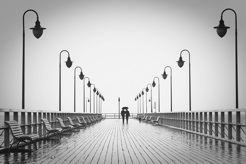 nature, relationship, pier, railing, sea, romantic, rain, light, relaxation, architecture, benches, walking, steel bridge, lifestyle, rear view, partner