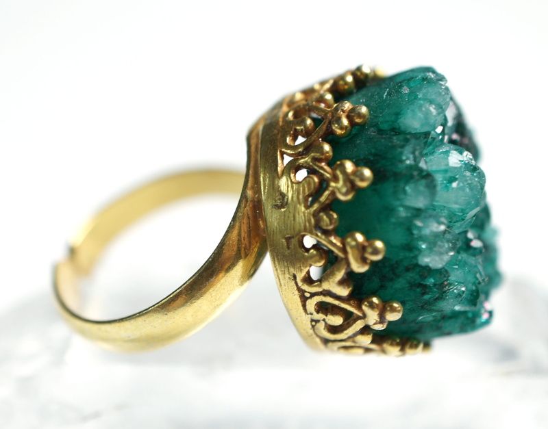personal accessory, ornate, green, druzy, jewelry, colored, ring, closeup, selective focus, gem, quartz, 2K, white background, fashion, semi-precious gem