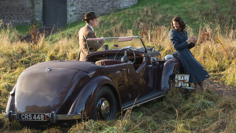 1080P, TV Show, Outlander, full length, two people, grass, adult, three quarter length, transportation, travel, road trip, nature, field, sitting, mode of transportation