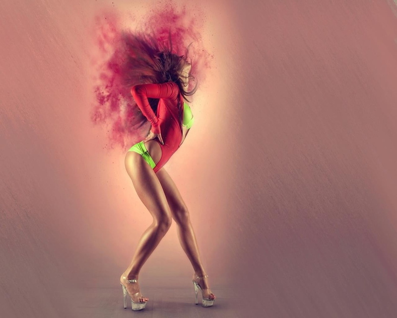 young adult, fashion, dancing, clothing, full length, pink color, women, females, motion, adult, hairstyle, indoors, beauty, hair, colored background, multi colored