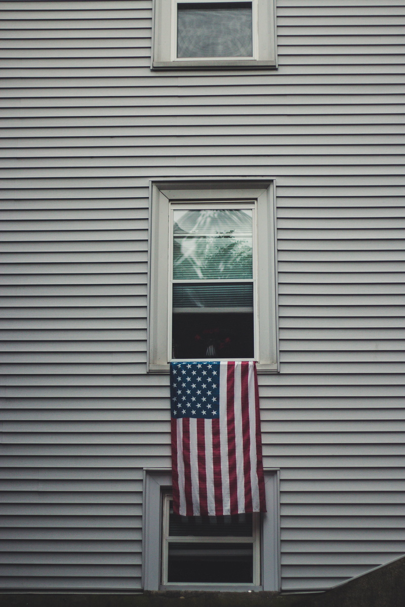 pane, flag, window ledge, striped, blue, building Exterior, day, minimal, white, window view, patriotism, american Culture, 5K, red, american Flag, vscocollective