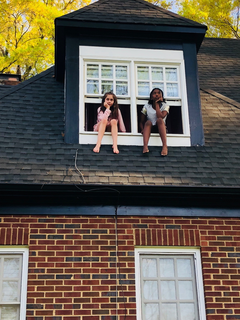 white, girl, building, window shape, childhood, african american, 4K, brick, sitting, sitting on roof, sitting on rooftop, architecture, sister, brick wall