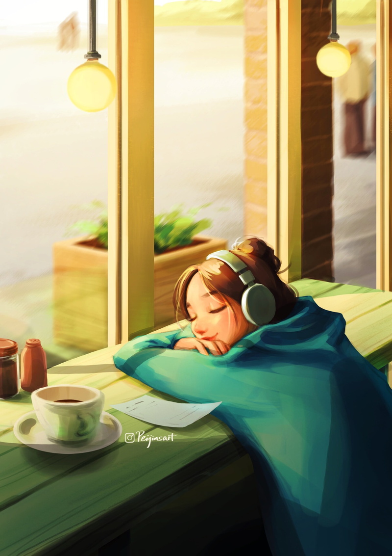 closed eyes, music, coffee, by the window, 2K, Chill Out, arms crossed, digital painting, sleeping, portrait display, sunlight, ArtStation, headphones