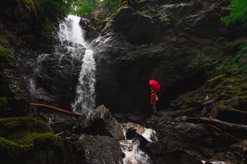 nature, red, forest, stream, solid, rock - Object, waterfall, flowing water, near, person, landscape, rock, girl, red umbrella, motion, 4K, falls, river