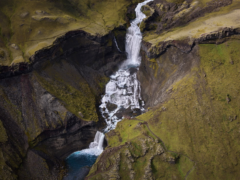 waterfall, rock, stones, water, mountains, Iceland, 720P, drone photo, Stas Bartnikas, nature, landscape, aerial view