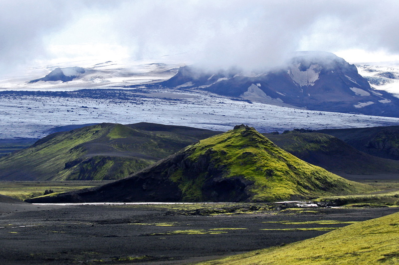 nature, black mountain, volcano, mountain, black, black  desert, green  grass, hiking, river, Landmannalaugar, Iceland, snow, landscape, europe, lava  fields