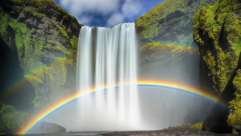 water, moss, long exposure, waterfall, rock, 1080P, rainbows, stones, nature, Iceland, clouds