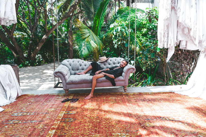person, 5K, young, vertebrate, relax, lounge, gray, relaxation, dog, people, sofa, rug, canine, beard, holiday, tropical, domestic, one animal, day, outdoors