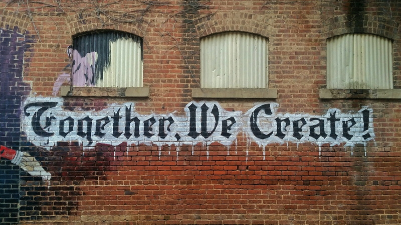 closed, text, wall - building feature, capital letter, brick wall, building exterior, together we create, create, brick, building, built structure, excerpts