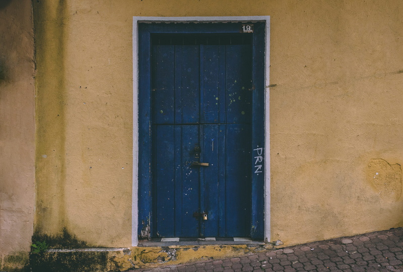 building, embu, window, building exterior, wall - building feature, traveling, antique, front door, old, blue, brazil, outdoors, no people, day, street