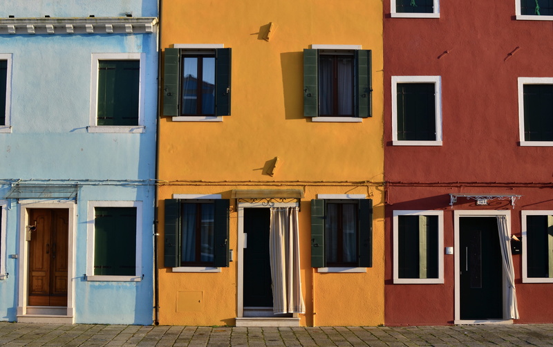 sunset, window, colored, colour, blue, outdoors, colorful, windows, door, red, closed, orange color, yellow, no people, street, entrance, residential district