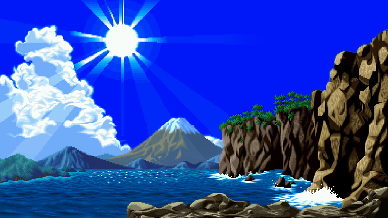 hills, pixelated, clouds, Sun, pixels, nature, digital art, trees, cliff, sun rays, water, rock, pixel art, 1080P, mountains, sea, waves