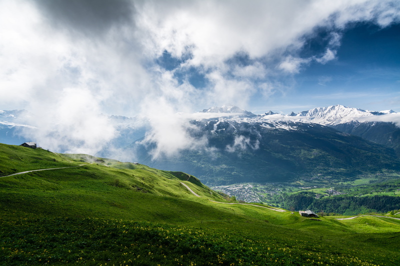 blue, sky, mountain peak, scenics - nature, altitude, mountain range, sun, mountain, hiking, view, adventure, field, fog, green, skies, alpes, nature, cliff