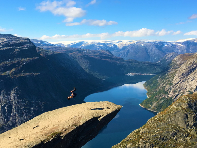 sky, s, jump, person, 4K, cold temperature, one person, back, landscape, outdoors, amazing jump, mountain range, norway, scenics - nature, bird, tranquility