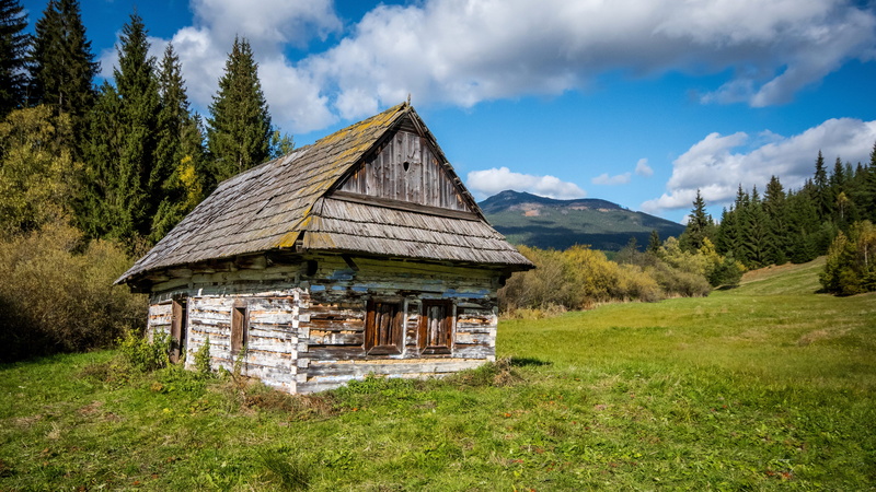 wood - material, cloud - sky, non-urban scene, 5K, slovakia, sky, small house, old building, grass, plant, cottage, field, gray, abandoned, land, country houses