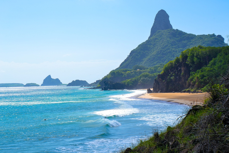 tranquility, rock, sun, land, sea, stack rock, tranquil scene, 4K, sand, beach, noronha, green, outdoors, nature, idyllic, cacimba do padre, surfer, trees