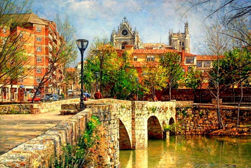 city, place, trees, river, bridge, animals, water, 1080P, lantern, bridgewater, buildings