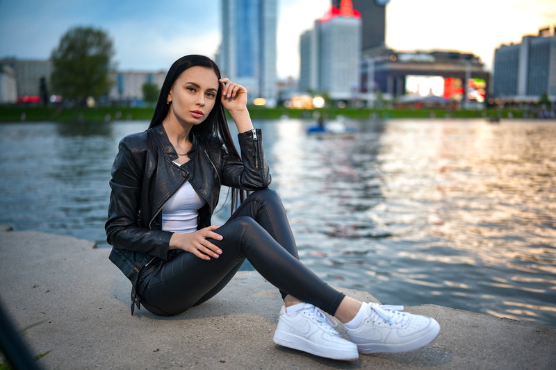 women, long hair, leather jackets, water, looking at viewer, straight hair, sneakers, 2K, dark hair, Snezhana Tsygan, pants, Dmitry Medved, legs, Ledge