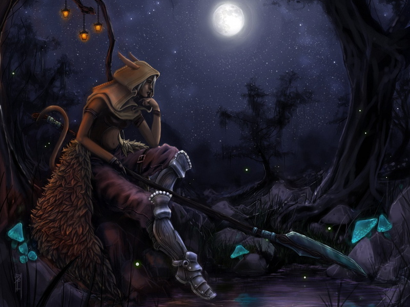 spear, night, warrior, elf, fantasy, elves, Hood, Moon, 1080P, headgear