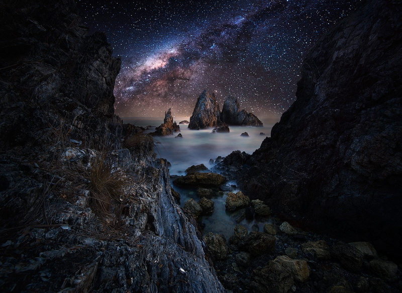 Evening, galaxy, Futuristic, landscape, milky way, rock, space and astronomy, rock formation, tranquility, nebula, nature, tranquil scene, long exposure