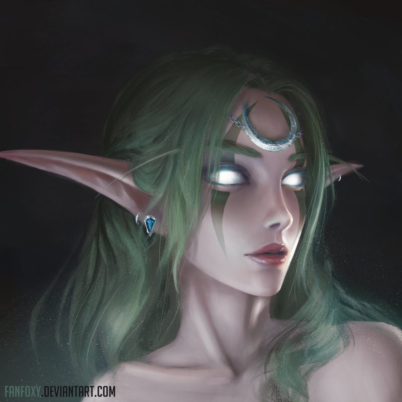 long hair, portrait, elves, Night Elves, Half Moon, women, glowing eyes, bright, tiaras, drawing, green hair, 4K, Warcraft, wavy hair, Fanfoxy, face paint