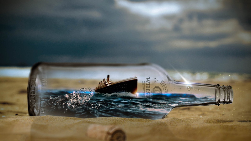 Photography, Titanic, Bottle, Sand, Ship, 1080P, Manipulation