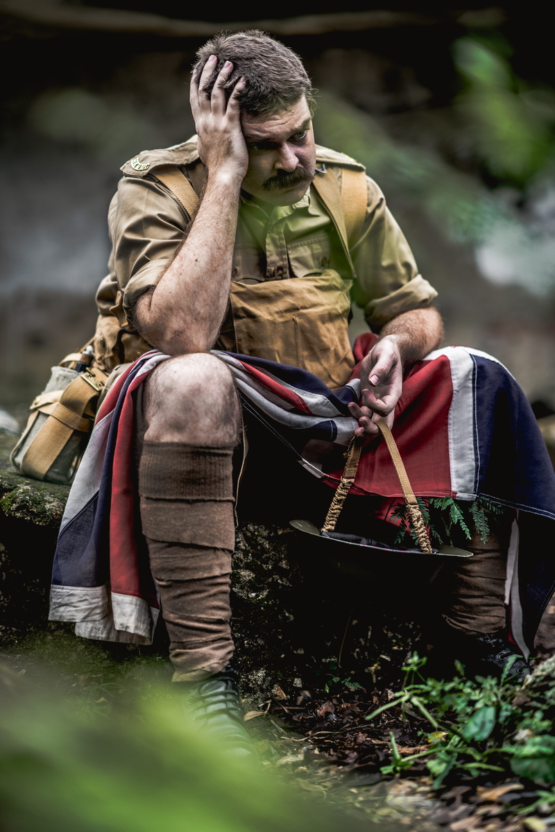 adult, hong, men, outdoors, holding, hand on head, male, head, uk, full length, uniform, helmet, portrait, forest, despair, plant, tree, battle, soldier