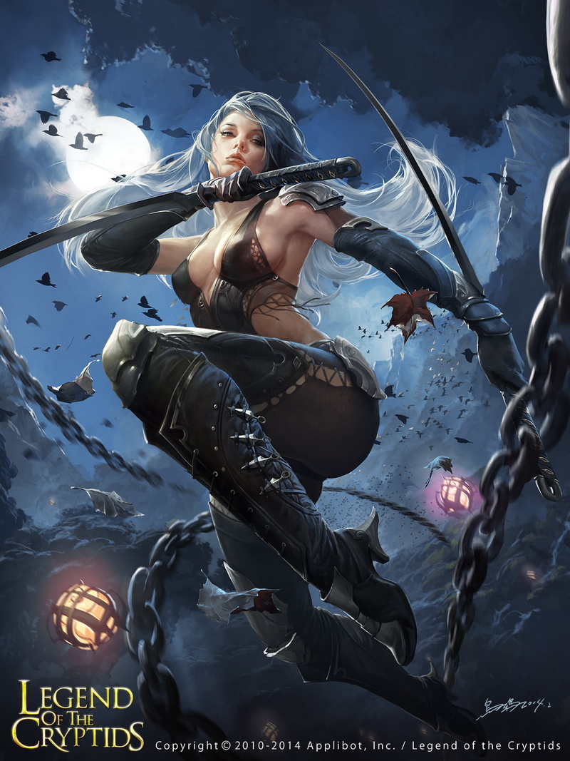 night, fantasy girl, dark, warrior, Moon, 720P, sword, bats, fantasy art, digital art, chains, Legend of the Cryptids, artwork
