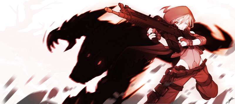 wolf, anime, 1080P, tight clothing, Little Red Riding Hood, original characters, gun