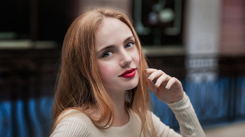 depth of field, straight hair, makeup, looking at viewer, Dmitriy Korneev, blonde, model, portrait, 1080P, women, long hair, blue eyes, face
