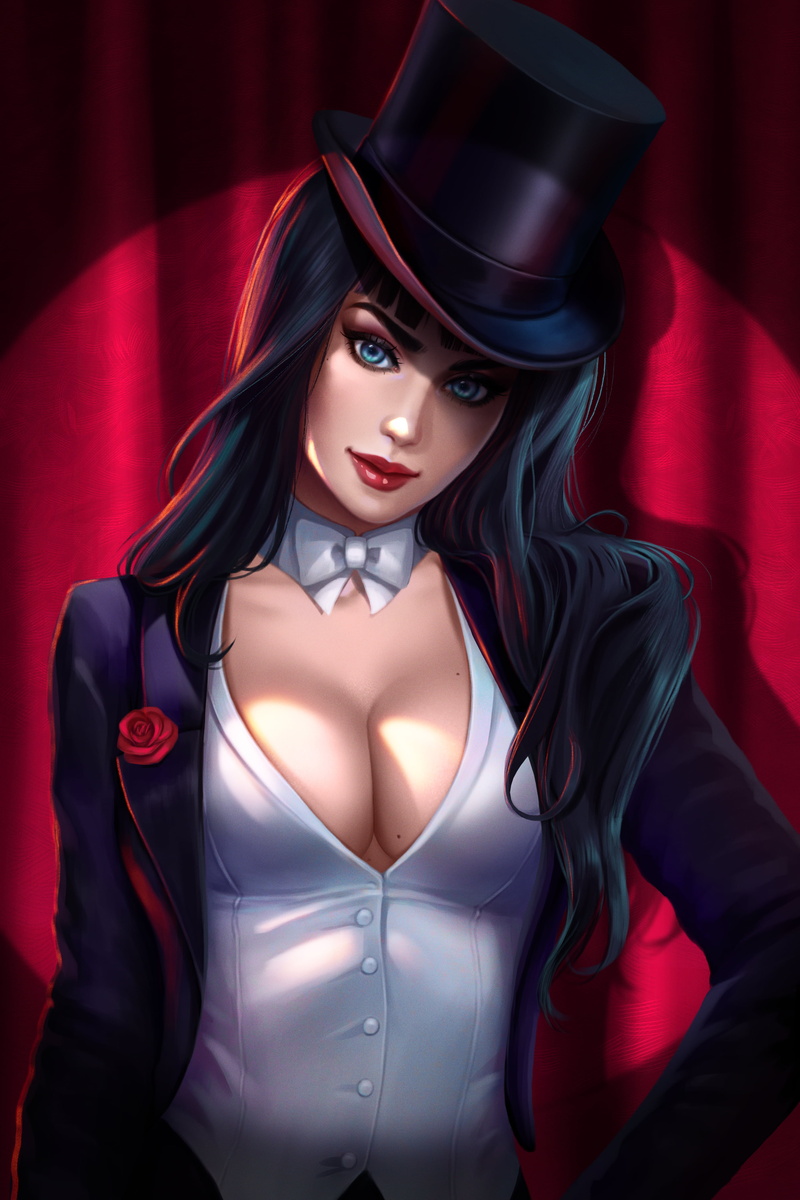 drawing, fan art, cleavage, portrait display, illustration, artwork, red lipstick, looking at viewer, DC Comics, top hat, Prywinko, 4K, top hats, Zatanna